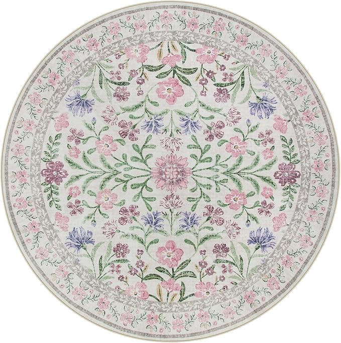Lahome Sylvie Purple 6 ft Circle Rug Washable, Floral Accent Round Rug for Girls Bedroom Decor, Non-Slip Accent Circular Carpet for Nursery Calm Corner Seating Area
