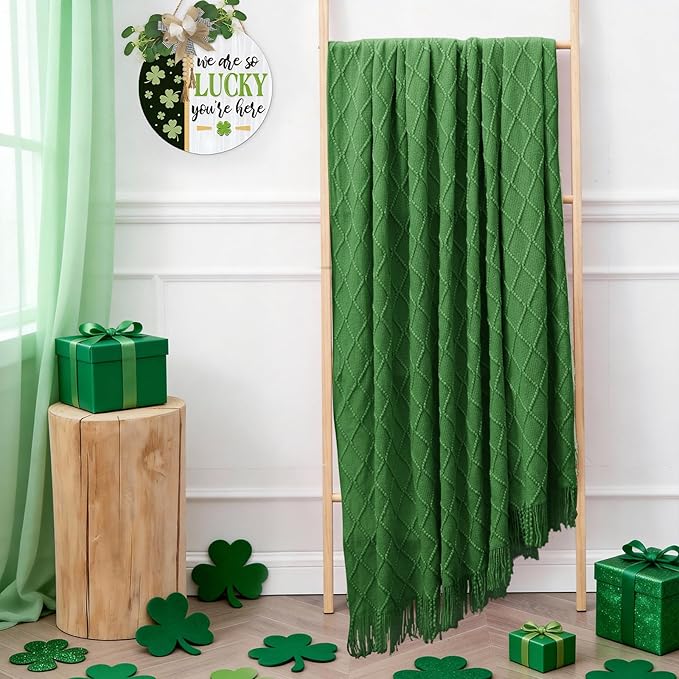 inhand Green Knitted Throw Blanket for Couch and Bed, St. Patrick’s Day Lucky Spring Gifts Throw for Her or Him, Soft Farmhouse Woven Blanket with Tassel, Lightweight Decorative, 60"x80"