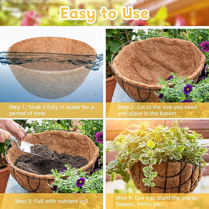 Riare 4 Pack 18 Inch Round Coco Liners Replacement, 100% Natural Coconut Coir Liners for Hanging Baskets, Garden Flower Vegetables Planter Pot, Window Box, Fence, Decks