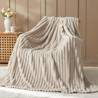NEWCOSPLAY Super Soft Queen Blanket Linen Premium Silky Flannel Fleece 3D Ribbed Jacquard Lightweight Bed Blanket All Season Use (Linen Ribbed, Queen(90"x90"))