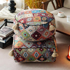 Boho Unstuffed Pouf Cover Ottoman Footrest Indian Mexcian Foot Stool Floor Bean Bag Floor Chair Storage for Living Room Bedroom Decor (Boho Plaid, Round)