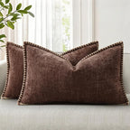 decorUhome Chenille Soft Cozy Throw Pillow Covers 12x20 Set of 2, Modern Farmhouse Boho Velvet Decorative Pillow Cases with Stitched Edge for Couch Sofa Bed Home Decor, Chocolate
