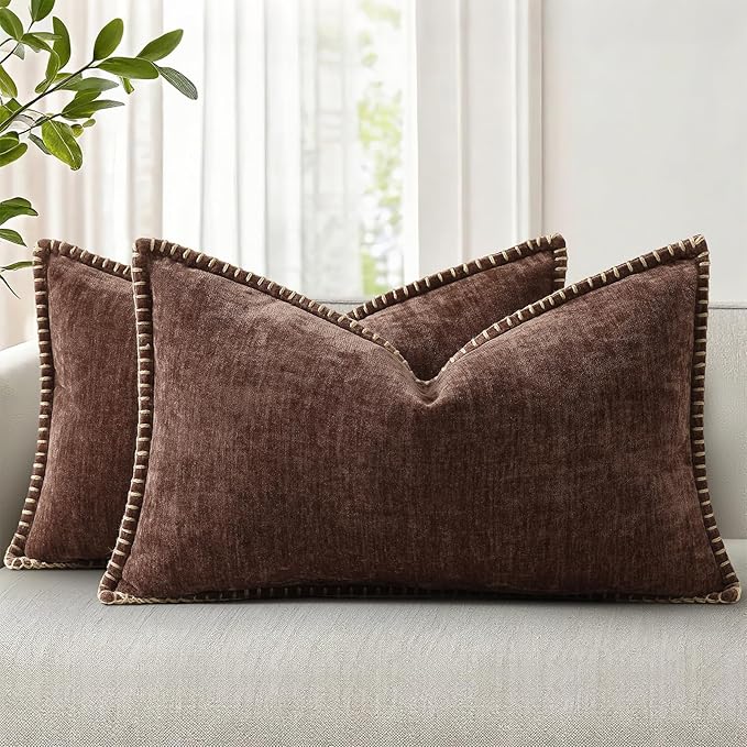 decorUhome Chenille Soft Cozy Throw Pillow Covers 12x20 Set of 2, Modern Farmhouse Boho Velvet Decorative Pillow Cases with Stitched Edge for Couch Sofa Bed Home Decor, Chocolate