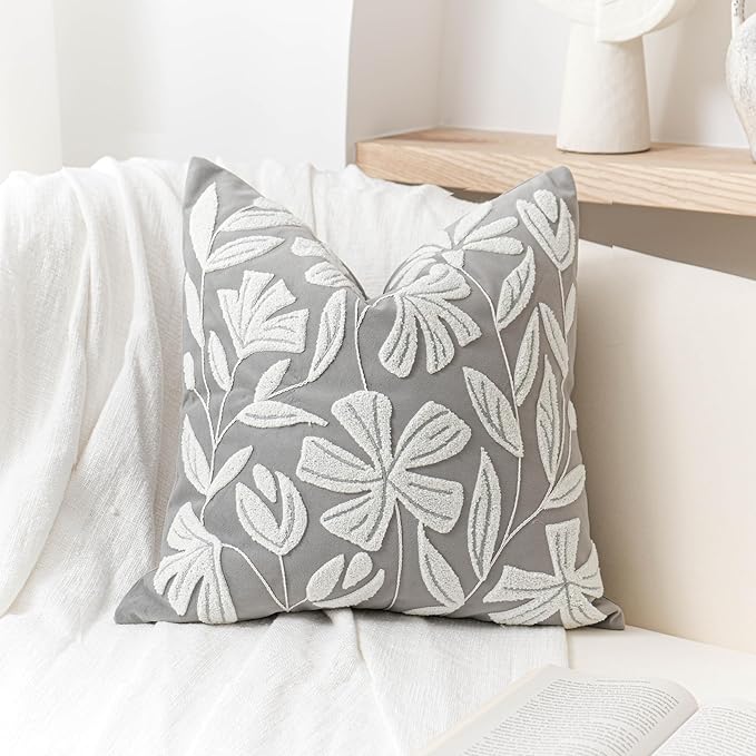 BlissBlush 20x20 Throw Pillow Cover, Square Light Gray Decorative Cushion Cover for Couch Sofa, Embroidered Velvet Farmhouse Accent Pillowcase (Cover Only)