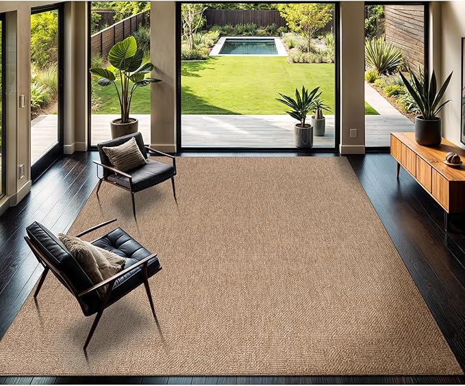 CAMILSON Easy Jute Rug 9x12, Indoor Outdoor Natural Color Fiber Area Rugs for Living Room Patio and Kitchen Rug, Solid Boho Woven Design, Easy-Cleaning, Washable Outside Carpet Alfombras (9 x 12)
