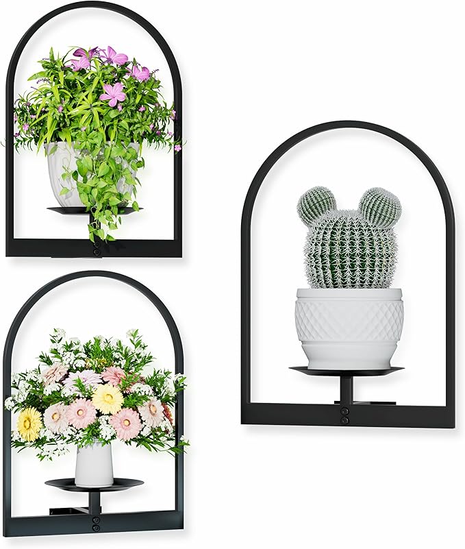 Black Metal Wall Plant Holder - 3-Pack Wall Mounted Plant Stands and Hanging Holders for Indoor Planter and Flower Pot - Arch Decor Shelf for Plant Storage (Pot Not Included)