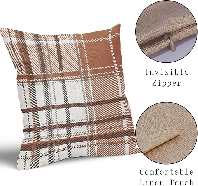 Kawani Fall Orange Grey Plaid Pillow Covers 16X16 Inch Autumn Retro Buffalo Tartan Decorative Pillow Cases Set of 2 Thanksgiving Farmhouse Throw Pillows for Cushion Sofa Couch Outdoor