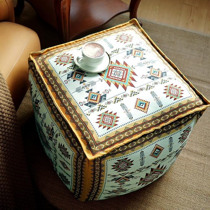Unstuffed Pouf Cover Ottoman Footrest Bohemian Chenille Foot Stool Floor Bean Bag 18x18x18 Inches for Living Room Bedroom Home Decor (Mustard Yellow, Cube)
