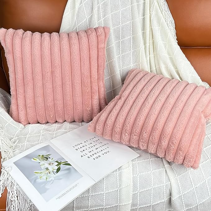 24x24 Pillow Covers, Decorative Faux Fur Throw Pillow Covers for Couch, Sofa Soft Fluffy Pillow Cover with Velvet Back for Living Room, Neutral Home Décor Accent for Bed - Pink