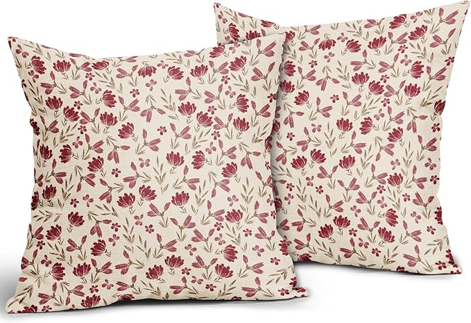 Brown Red Floral Pillow Covers 16x16 Set of 2 Vintage Rustic Old Style Cute Small Flower Print Decorative Outdoor Pillowcases Farmhouse Throw Cushion Case Decor for Couch Sofa Bed