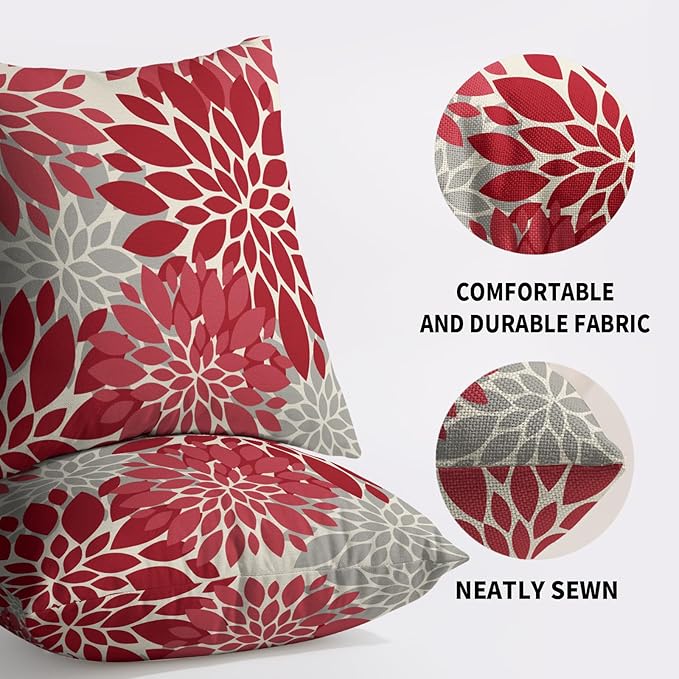 Red Christmas Pillow Covers 24X24 Inch Set of 2, Dahlia Flower Spring Summer Floral Cream Decorative Throw Pillow Covers Outdoor Modern Farmhouse Cushion Case for Home Couch Sofa Bed Decor
