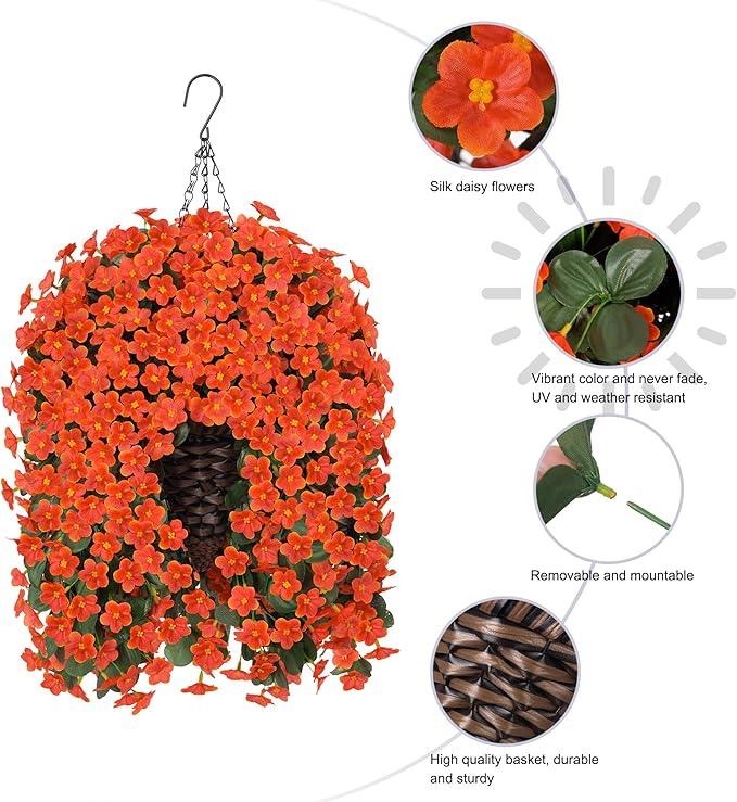 HyeFlora Artificial Fake Hanging Flowers Plants Baskets for Winter Christmas Outdoor Outside, Faux Silk Orange Daisy in Planter UV Resistant Orchid for Home Porch Garden Yard Patio Decor