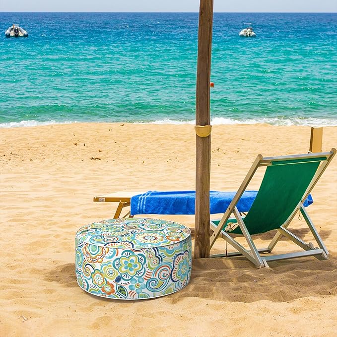 Inflatable Ottoman Stool D21 xH9 for Outdoor/Indoor Use, Water Repellent Patio Foot Rest Stool with Portable Handle,Round Pouf Ottoman Suitable for Garden,Deck and Camping - Flower Blue