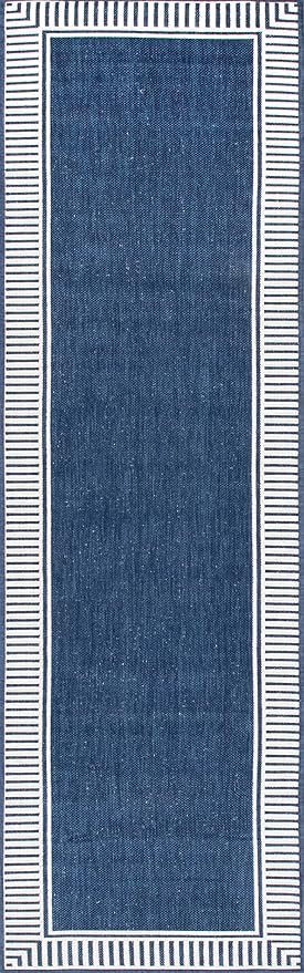 Nuloom Asha Navy/Ivory, 2' x 10', Casual, Striped Border, Soft and Cozy, High Traffic, Stain Resistant, Easy Clean, Durable Runner for Indoor/Outdoor Patio, Deck, Porch, Garden, Courtyard