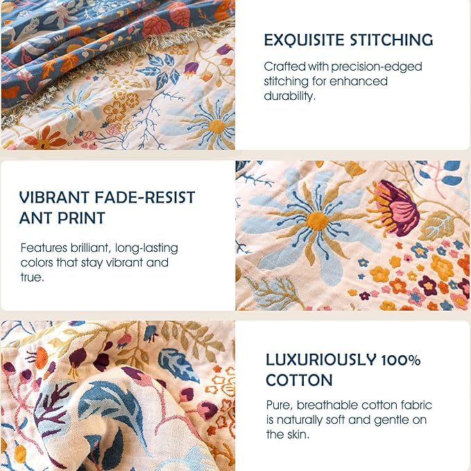 Boho Throw Blanket - 100% Cotton Throw Blankets for Bed Couch, 50"x60" Soft Muslin Lightweight Spring Throw Blanket, Cozy Floral Butterfly Printed Bohemain Bedding Decor Beige Throw Quilt