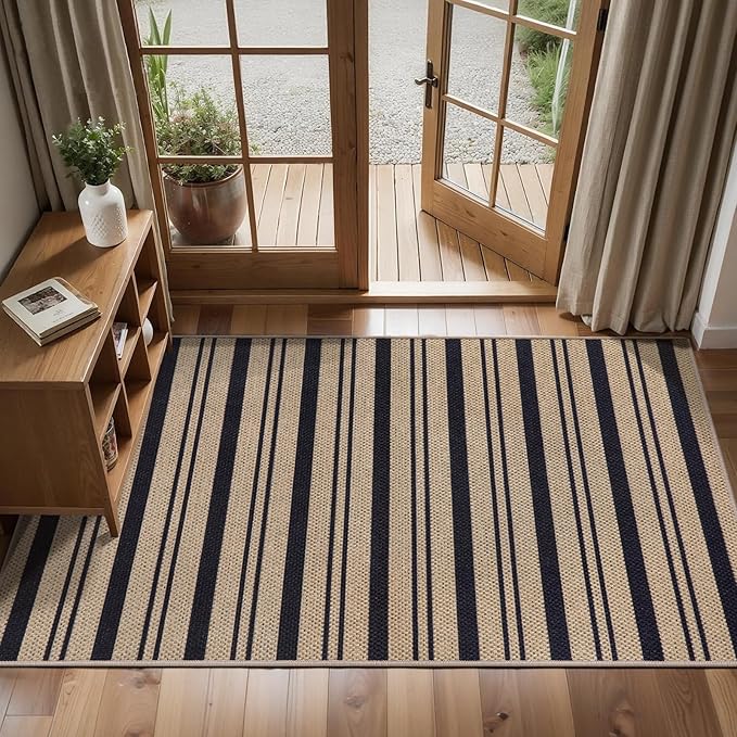 Tangsoo Modern Easy Jute Rug 2x4 Rug for Entryway,Washable Thin Stripe Outdoor Door Mat,Non-Slip Indoor Floor Carpet Farmhouse Small Throw Mat for Kitchen Hallway Bedroom Front Porch Entrance