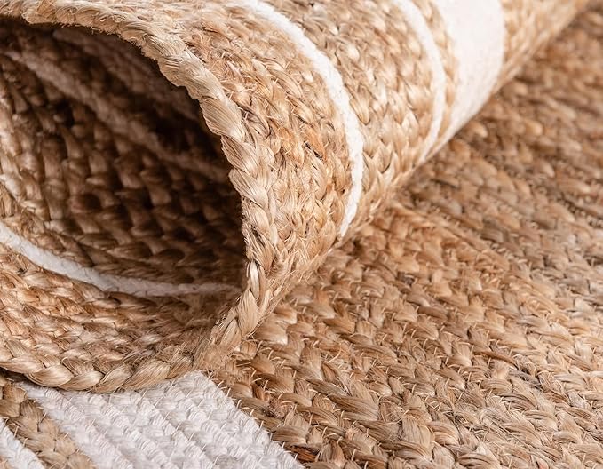 Unique Loom Braided Jute Collection Classic Quality Made Natural Hand Woven with Coastal Design Area Rug (8' 0 x 8' 0 Round, Natural/ Ivory)