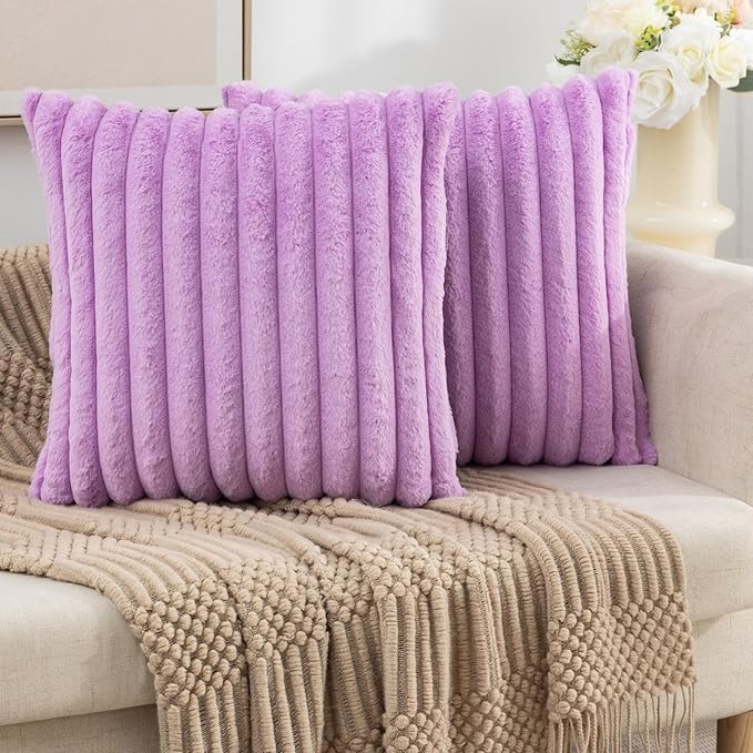 ZLINA Set of 2 Light Purple Faux Fur Decorative Throw Pillow Covers Fluffy Striped Pillowcase Cushion Covers 26 x 26 Inch Decor Sofa Couch Bedroom