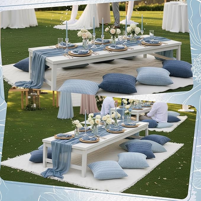 91 x 71 Extra Large Outdoor Boho Picnic Blanket with Gray Blue Table Runner, 6 Throw Pillow Covers 6 Napkins Woven Cotton Yarn Oversize Beach Blanket Washable Picnic Camp Wedding