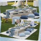 91 x 71 Extra Large Outdoor Boho Picnic Blanket with Gray Blue Table Runner, 6 Throw Pillow Covers 6 Napkins Woven Cotton Yarn Oversize Beach Blanket Washable Picnic Camp Wedding
