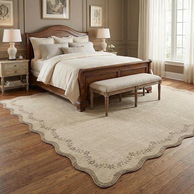 GarveeHome Scalloped Area Rugs 8x10 for Living Room, Solid Tan Jute Large Washable Rug Soft Non Slip Backing Floor Mat Carpet Indoor Thin Rug for Bedroom Dining Room Playroom Nursery Home Decor