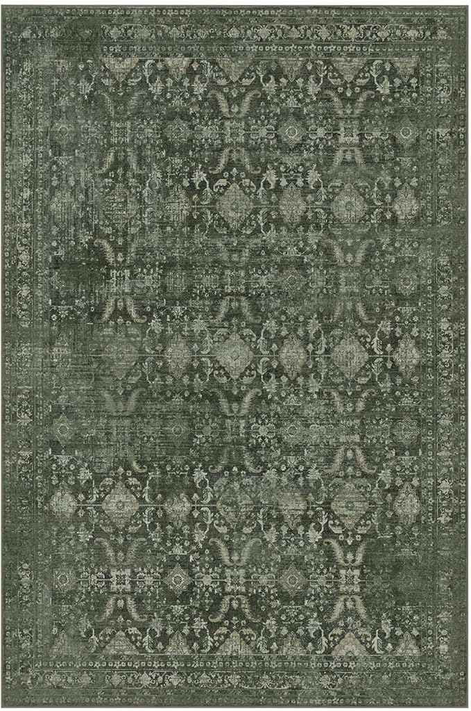 9x12 Area Rugs for Living Room Bedroom, Large Washable Rug, Green Vintage Floral Boho Rug, Non Slip & Low Pile Faux Wool Thin Carpet for Indoor Dining Room and Kids Room(Green 9x12ft)