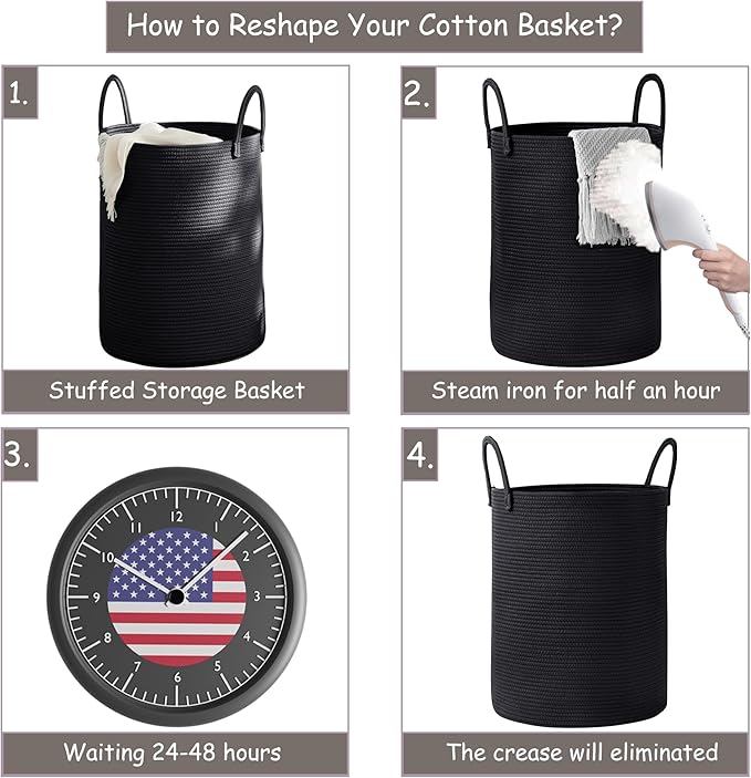60L Black Woven Rope Hamper Laundry Basket for Clothes Tall Modern Blanket Storage Basket in Living Room Bedroom 15Dx20H inches