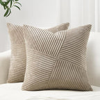 Topfinel Pack of 2 Decorative Throw Pillow Covers 18x18 Inch Soft Corduroy Boho Textured Striped Patchwork Pillow Covers Farmhouse Rustic Home Decor for Spring Sofa Living Room Couch Bed Lightbrown