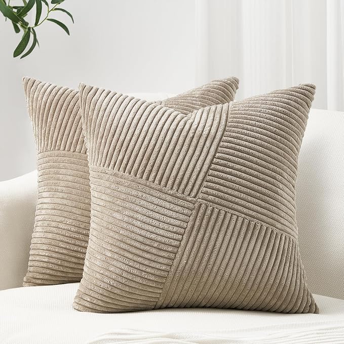 Topfinel Pack of 2 Decorative Throw Pillow Covers 18x18 Inch Soft Corduroy Boho Textured Striped Patchwork Pillow Covers Farmhouse Rustic Home Decor for Spring Sofa Living Room Couch Bed Lightbrown