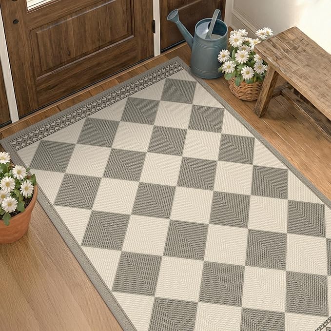 Gray and Cream Checkered Easy Jute 3x5 Outside Area Rug Outdoor Porch Decor, Entryway Rugs Indoor Diamond Geometric Pattern Mat, Patio, Backyard or Entry, Boho Farmhouse Style Washable Non Skid Mat