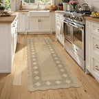 LIVEBOX Scalloped Easy Jute Diamond Rug for Kitchen, Washable 2x6 Runner Tan Rugs for Entryway, Geometric Checkered Indoor Outdoor Farmhouse Non Slip Rug Modern Carpet Door Mat for Porch Hallway