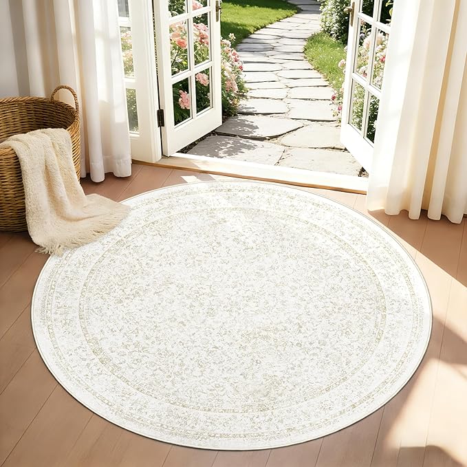 Round Rugs 4ft Vintage Floral Small Circle Rug, Washable Non Slip Soft Low Pile Stain Resistant Carpet for Living Room Bedroom Entryway Dining Room (FloralBeige, 4' Round)