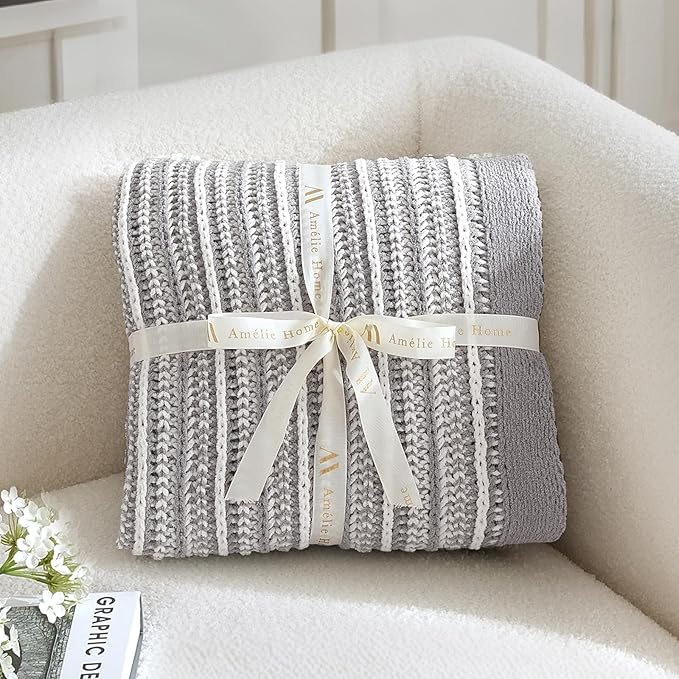 Amélie Home Striped Knit Throw Blanket for Couch, Dual-Sided Soft Chenille Decorative Blankets for Sofa & Chair, 50"x60", Gray & White
