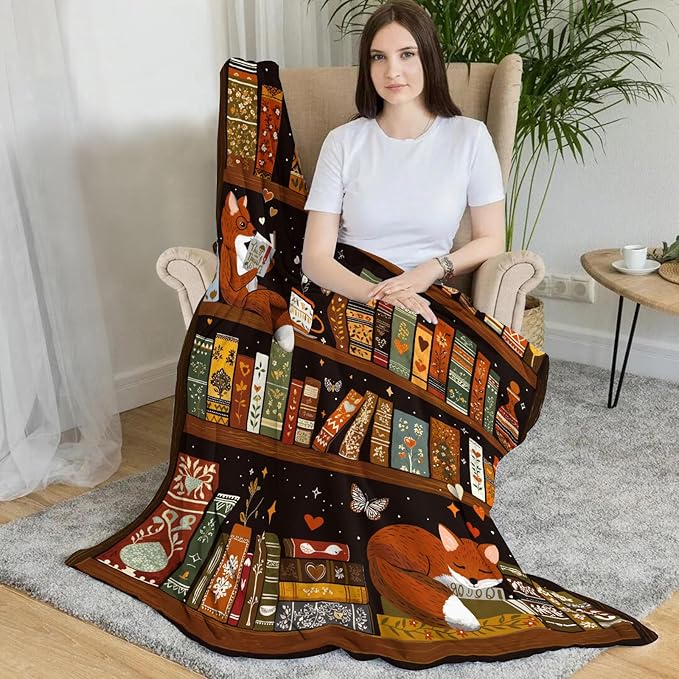 Bookshelf Throw Blanket, Retro Soft Cozy and Warm Couch Blankets Gift for Bookshelf Lover, Decorative Blankets for Sofa Couch Bed, Brown Black 50×60 inches