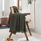 FOSSA Muslin Blanket with Fringe - 4-Layer 100% Cotton Gauze Super Soft & Breathable Throw -Lightweight Decorative Cooling Blanket for Bed, Sofa, Office -Throw XL Size 70" x 50" (Olive Green)