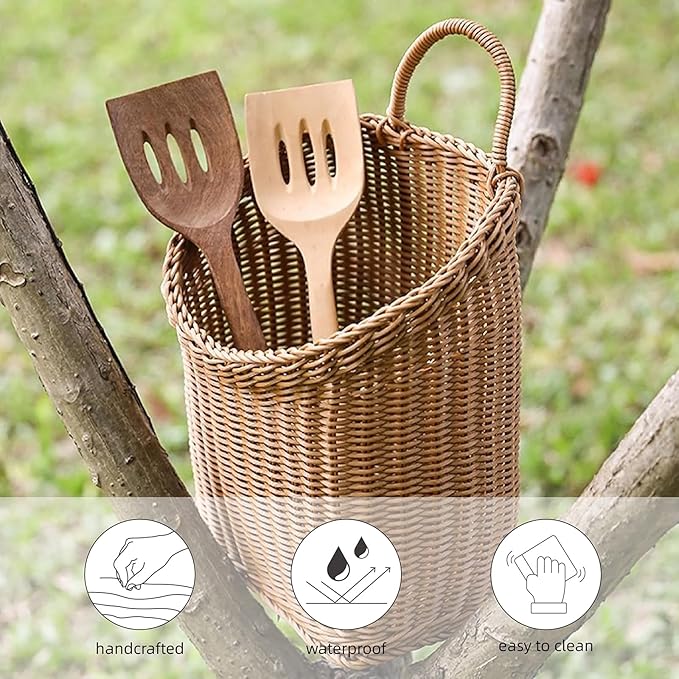 Woven Hanging Wicker Basket for Door, Handmade Rattan Hanging Wall Baskets for Garden Farmhouse Home