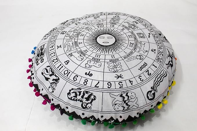CRAFT KALA Large Round Bohemian Floor Pillow Pouf Cover Mandala Meditation Room Pillow Cover for Adults Boho Seating Poufs Cushion Cover for Kids Playroom 32" Round Black Zodiac