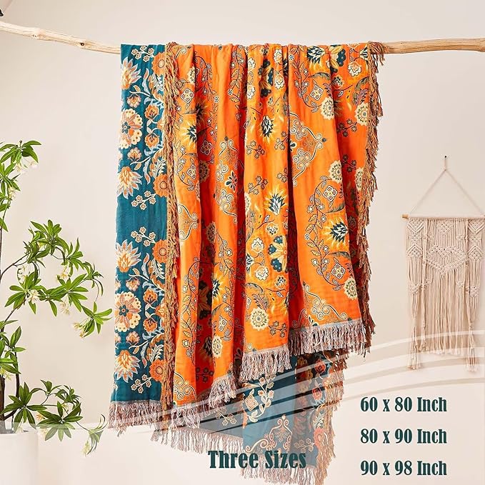 Boho Throw Blanket 100% Cotton Ultra Soft Luxury Throw Rustic Quilt 50"x60" Floral Printed Farmhouse Decor Bed Summer Blankets All Season Rustic Reversible Bohemian Throw for Bed Orange