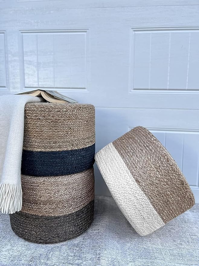 Jute Pouf Ottoman | Footrest Pouf | Hand Braided - Round Boho Pouffe - for Living Room, Bedroom, Nursery (20"x20"x10") Brown