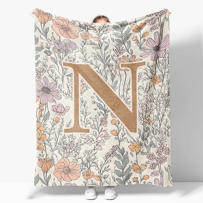 JXREQ Throw Blanket Initial Letter N Personalized Monogrammed Gifts for Women Teen Girls Frends, Boho Floral Throw Blankets for Bed Sofa Living Room Office, 50x60 Inch