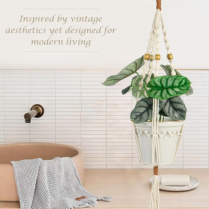BB FUN HOUSE Plant Hanger Indoor Hanging Planter Basket with Wood Beads Decorative Flower Pot Holder No Tassels for Indoor Outdoor Boho Home Decor 35 Inch (POTS NOT Included)