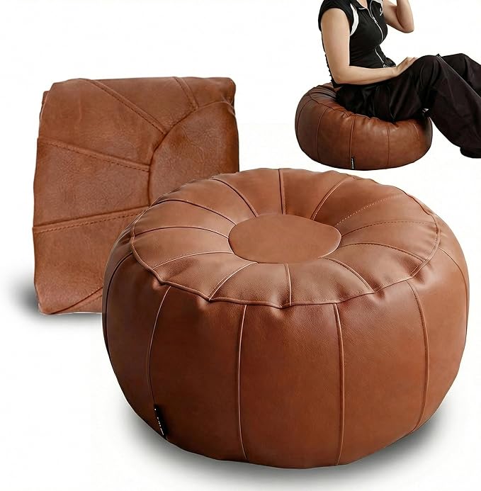 Leather Pouf - 20”Dx12”H, Wash-Free Tech Fabric Pouf Unstuffed Ottoman Moroccan Footstool, Floor Footrest Cushion, Storage Solution, Natural Orange Color Unstuffed Faux Leather Cover (Brown)