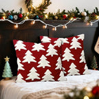 Red Christmas Tree Embroidery Decorative Throw Pillow Covers 18 x 18 Set of 2, Xmas Pine Trees Tufted Porch Outdoor Home Decor, Winter Holiday Plush Faux Fur Jacquard Sofa Couch Cushion Case