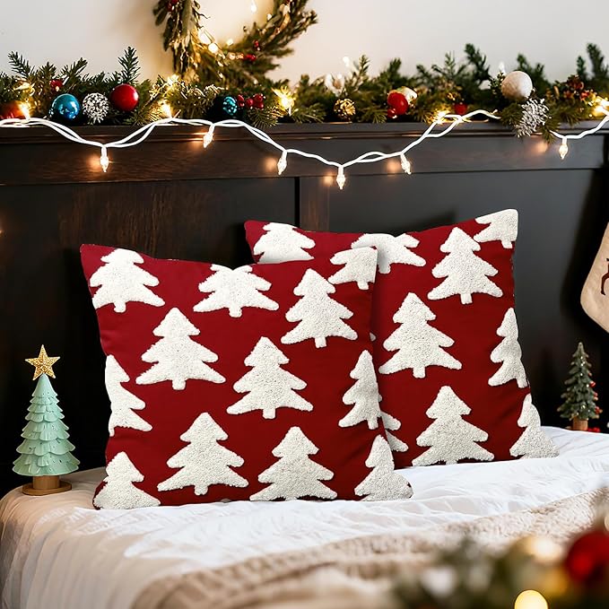 Red Christmas Tree Embroidery Decorative Throw Pillow Covers 18 x 18 Set of 2, Xmas Pine Trees Tufted Porch Outdoor Home Decor, Winter Holiday Plush Faux Fur Jacquard Sofa Couch Cushion Case