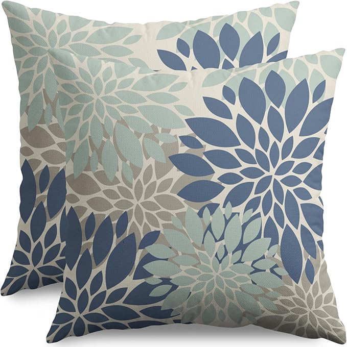 Blue Aqua Tan Pillow Covers 20X20 Inch Set of 2, Spring Summer Floral Dahlia Flower Cream Decorative Throw Pillow Covers Outdoor Modern Farmhouse Cushion Case for Home Couch Sofa Bed Decor