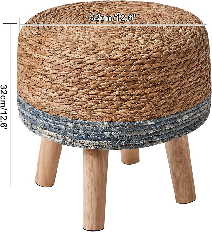 YMYNY Foot Stool Natural Seagrass Hand Weave, 12.6" Small Ottoman, Round Footrest for Living Room, Bedroom, Entryway, Change Shoes Stool, Non-Skid Wood Legs, Boho, Natural+Blue, UHBD027Q