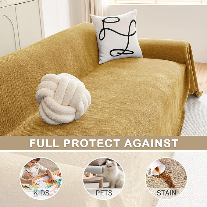 hyha Couch Cover for Dogs, Boho Sofa Covers for 3 Cushion Couch Washable, Chenille Sofa Slipcover for Pets, Soft Loveseat Sectional Couch Throw Blankets with Tassels (Yellow, 71x91 Inch)