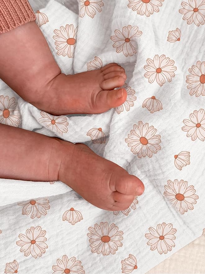 meowcards Muslin Swaddle Blankets for Baby, Unisex Baby Boys Girls Essentials, Large 47 x 47 inches, Boho Receiving Blankets Newborn Registry Must Haves (Flower-A, Simple)
