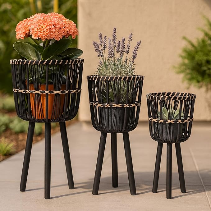 Set of 3 Woven Basket Decorative Planter Pot – Bamboo & Pine Wood Outdoor & Indoor Plant Pot – Modern Boho Garden and Home Decor Planters – 19", 23", & 26", Black