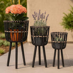 Set of 3 Woven Basket Decorative Planter Pot – Bamboo & Pine Wood Outdoor & Indoor Plant Pot – Modern Boho Garden and Home Decor Planters – 19", 23", & 26", Black
